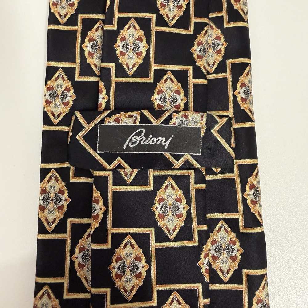 Brioni Maus Hoffman Men's Tie Geometric Floral Black & Gold Silk 3.75" x 58" euc